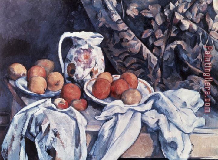 Paul Cezanne Curtain Carafe And Fruit Still Life with Drapery